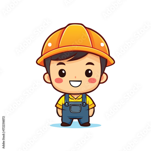 Funny cartoon construction worker character set with sign and helmet