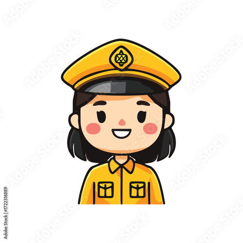 Funny cartoon police officer character with a builder's helmet and work uniform for a construction occupation illustration