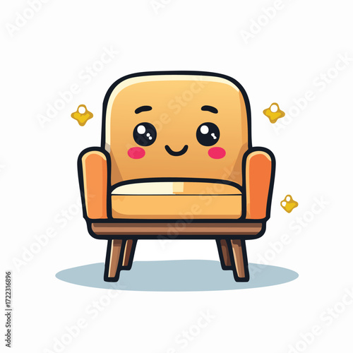 Cute cartoon armchair with a smiling face, orange and yellow color, wooden legs, and a happy expression.
