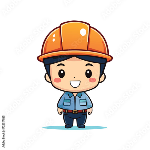 A humorous cartoon construction worker with a hardhat and uniform