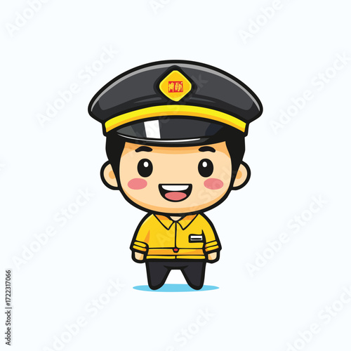 A smiling professional cartoon policeman in a uniform and cap gestures while holding a police badge