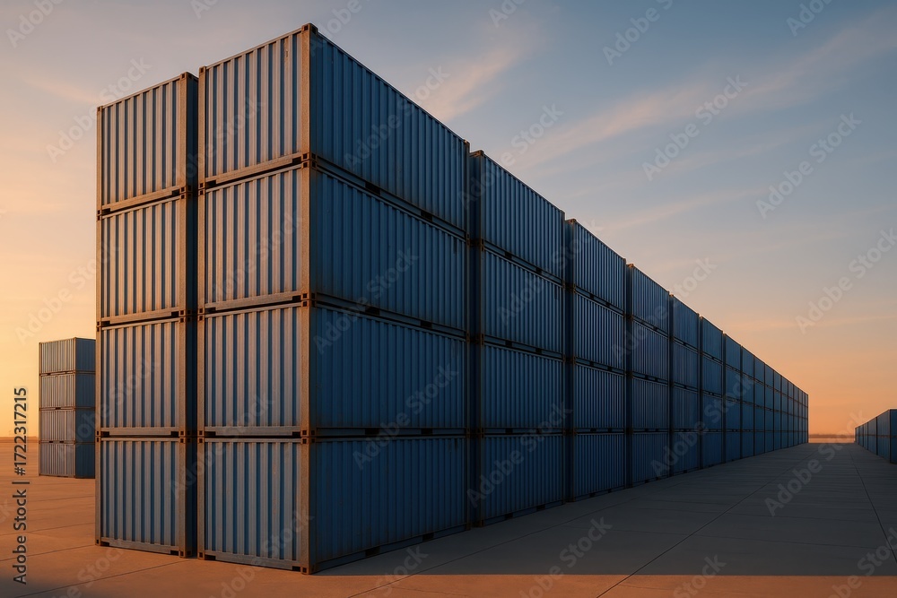 Fototapeta premium Massive stack of blue shipping containers at sunrise with dramatic sky symbolizing global freight logistics and trade