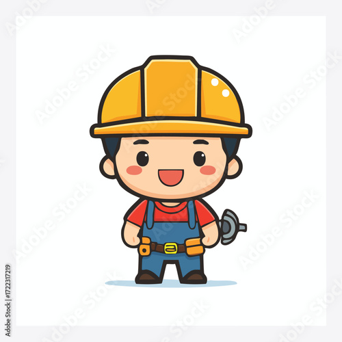 Vector mascot illustration of a cartoon construction worker character in a hardhat