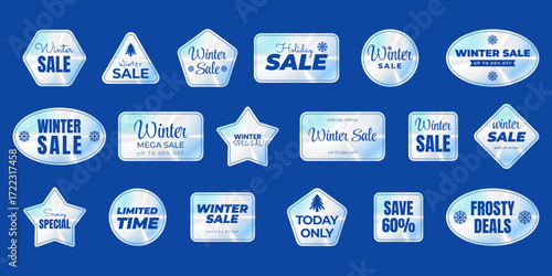 Set holographic stickers. Winter sale. Hologram labels in silver blue foil colors of different geometric shapes. Snow rainbow shiny discount emblems tags. Isolated Neon vector illustration