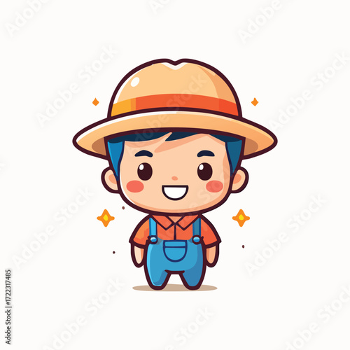 Funny cartoon farmer with hat and builder, working with a silly look, holding a shovel and a spanner