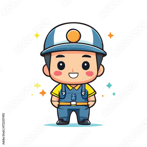 A hardworking cartoon construction worker with a yellow safety helmet