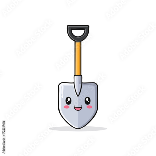 An old, isolated steel digging shovel with a wood handle is a common garden tool and agriculture equipment