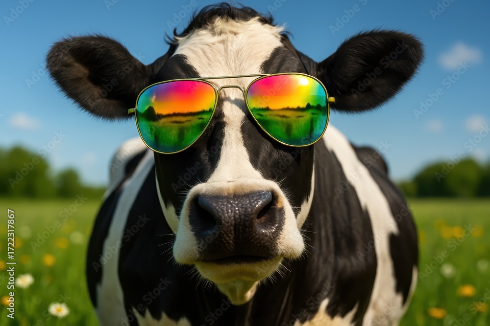 Fototapeta premium Playful Holstein cow in glossy neon aviator sunglasses smiling in sunny meadow vibrant summer humor photoreal farm animal portrait