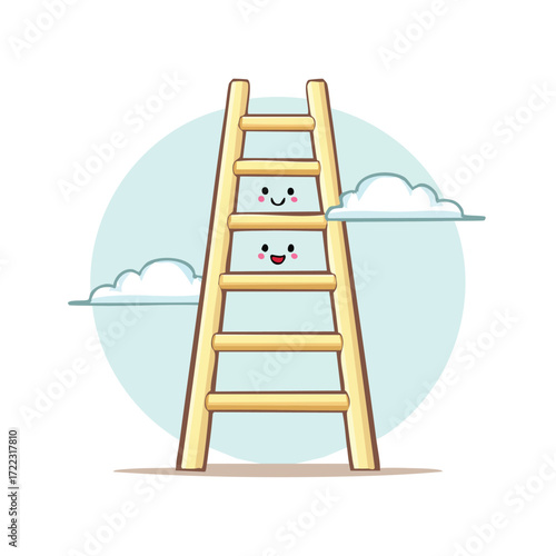 Wooden step ladder with aluminum handrail isolated on a white background, useful for home construction and success