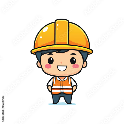 A happy cartoon construction worker in a safety helmet gives a thumbs-up