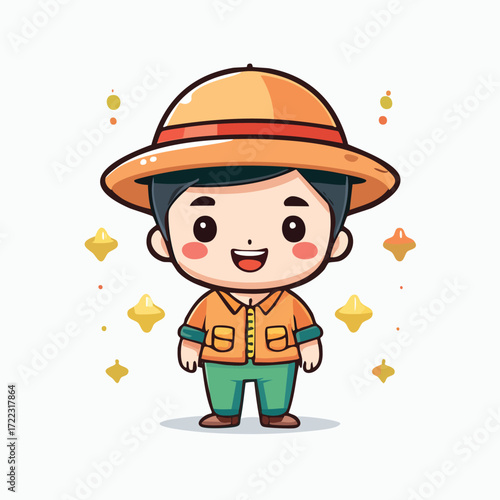 Funny cartoon boy builder and farmer children set illustration with a