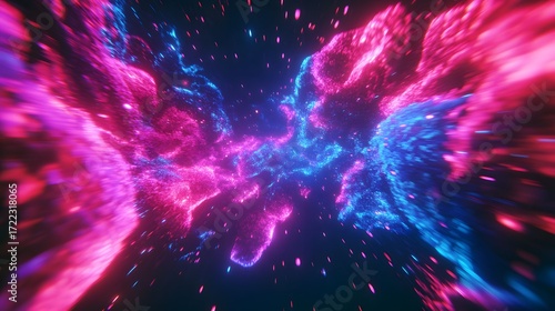 A dynamic, vibrant display of swirling, neon pink and blue nebulae, emitting a sense of cosmic motion.