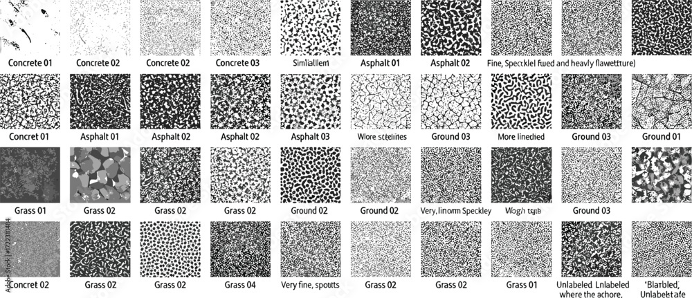 A versatile collection of monochrome surface textures, featuring various patterns of stone, concrete, asphalt, gravel, and organic ground materials for design backgrounds