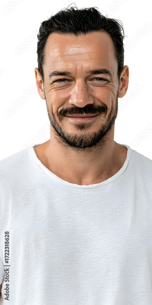 Fototapeta premium A handsome man with a slight smile and a well groomed mustache poses wea a simple white t shirt today.