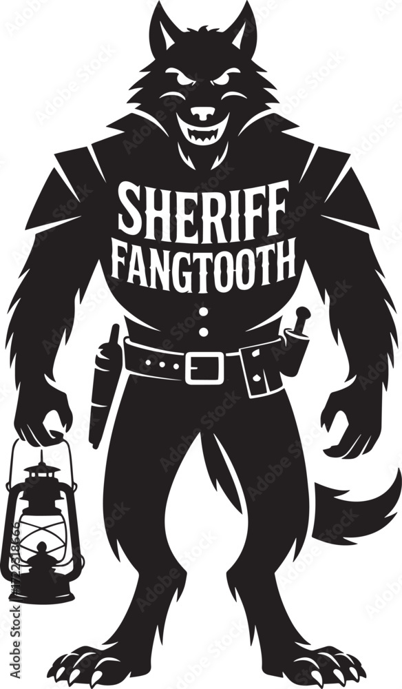 Fototapeta premium Sheriff Fangtooth Werewolf Lantern Badge Gun Belt Character Logo Vector Illustration