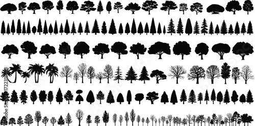 Collection of diverse tree silhouettes, showcasing various species and growth stages for artistic and design applications
