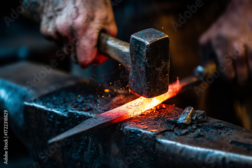 Hammering iron blade on heated anvil by traditional gunsmith as metalwork glows in dimly lit forge environment