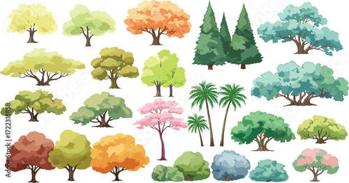 Collection of Diverse Watercolor Trees and Foliage for Artistic and Decorative Purposes