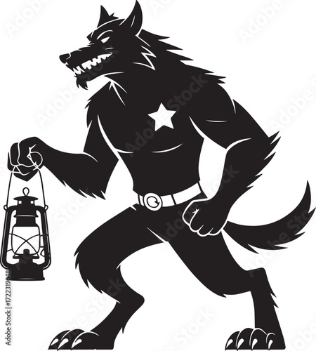 Werewolf Sheriff with Lantern Silhouette Illustration