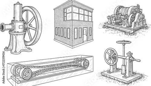 Industrial Age Engineering Detailed Line Art Drawings of Machines and Structures