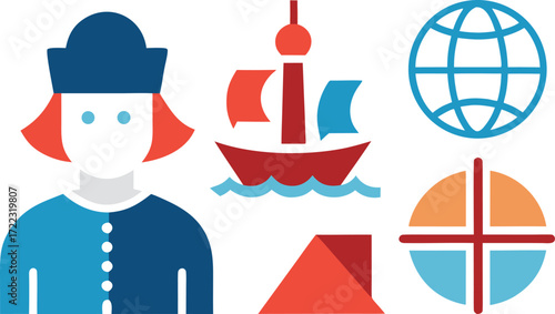 Columbus day flat vector icon set ships compass globe illustration scalable eps vector