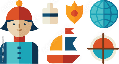 Columbus day flat vector icon set ships compass globe and navigator illustrations for eps vector