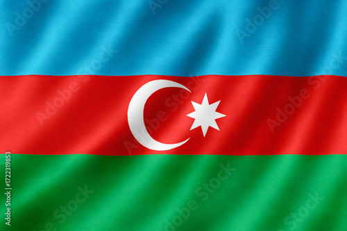 Realistic Azerbaijan Flag Waving in the Wind – Glossy Fabric with Crescent and Eight-Pointed Star



