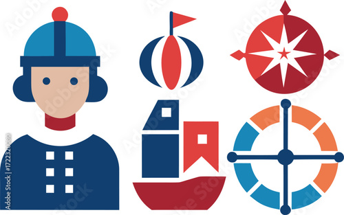 Columbus day flat vector icon set ships compass nautical exploration symbols eps scalable vector