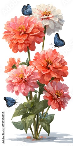 Several bright colored zinnia flowers are gathered together with blue butterflies on a white background.