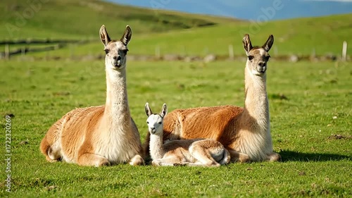 A gentle llama family rests peacefully on a vibrant green grassy hill under a clear sky.