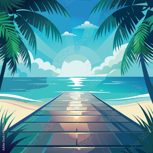 Wooden Pier Leading to Tropical Ocean Sunrise beach