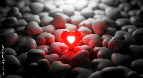 Illustration of a single glowing red heart shape stands out amongst a pile of grey heart shapes, symbolizing love and uniqueness