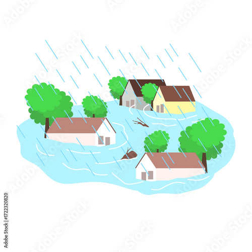 Flooded Village Houses with Heavy Rain Illustration