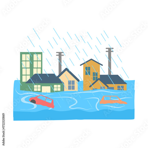 City Flood Disaster Illustration with Buildings and Cars