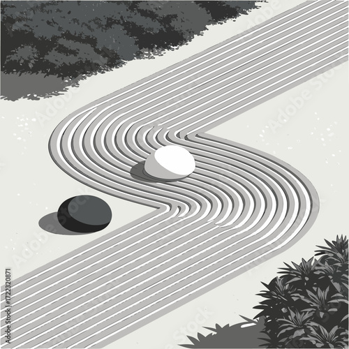 Zen Garden Raked Sand with Two Stones and Foliage Keywords: zen garden, raked sand, stone, rock