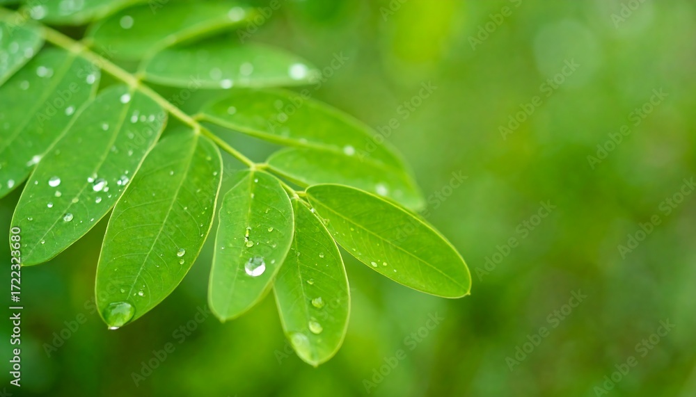 Fototapeta premium Fresh green leaves with water droplets (1)