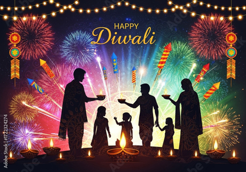 Indian family celebrating Diwali with fireworks and diyas. Happy Diwali greetings with traditional lamps and festive atmosphere.  Happy Diwali poster vector. Diwali silhouette 