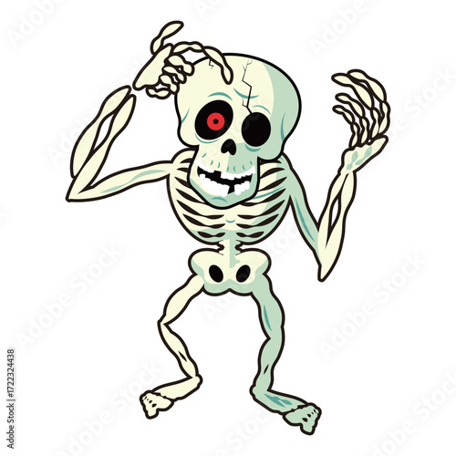 a comical and slightly creepy skeleton scratching its head as if it's deep in thought