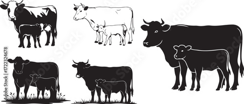 vector set of cow and calf silhouettes. Black and white farm cattle illustration.eps
