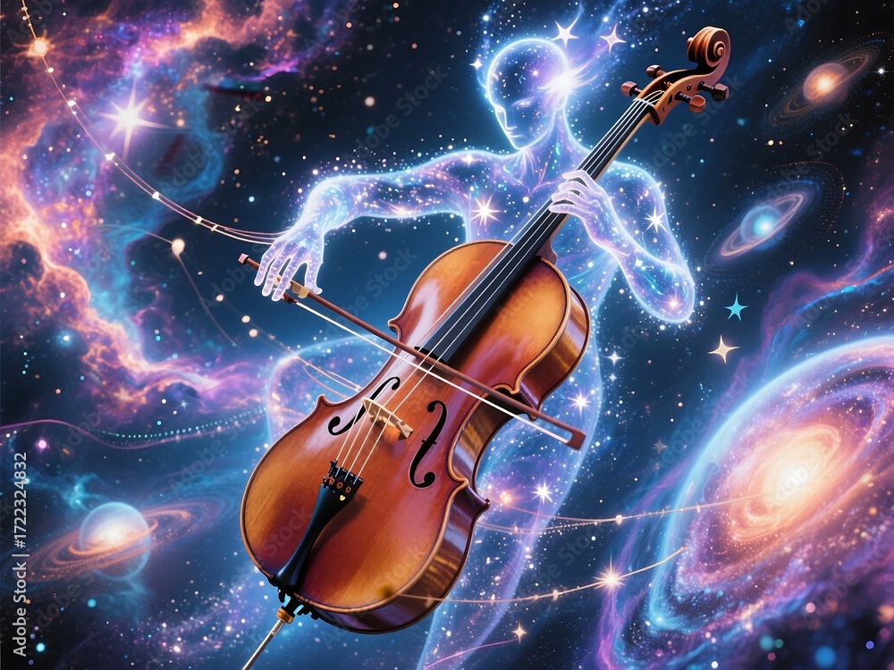 Fototapeta premium A Serene Celestial Being Playing a Cello Amongst the Galaxies and Swirling Nebulae