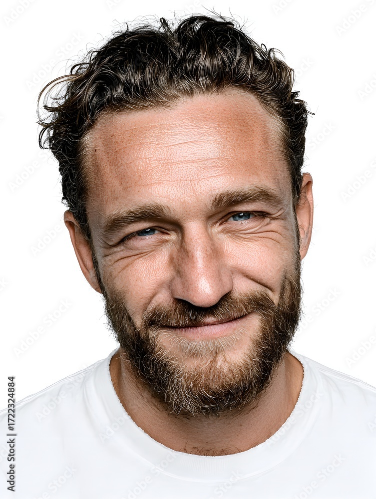 Fototapeta premium Handsome man with a beard and messy hair smiles confidently against a clean white studio background portrait.