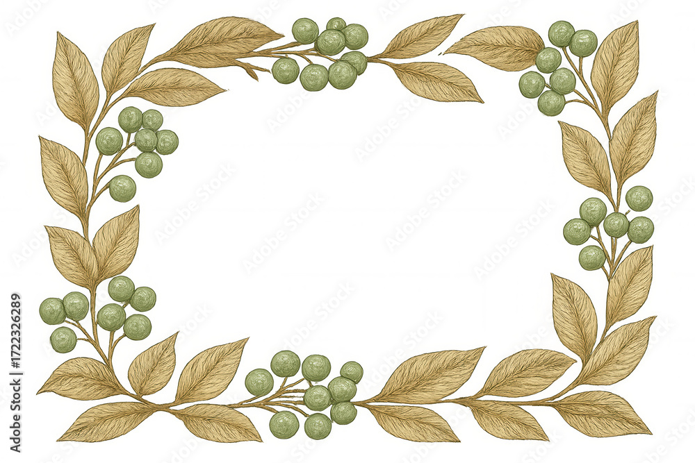 Fototapeta premium Botanical frame with golden leaves and green berries creating a vintage decorative border on transparent background