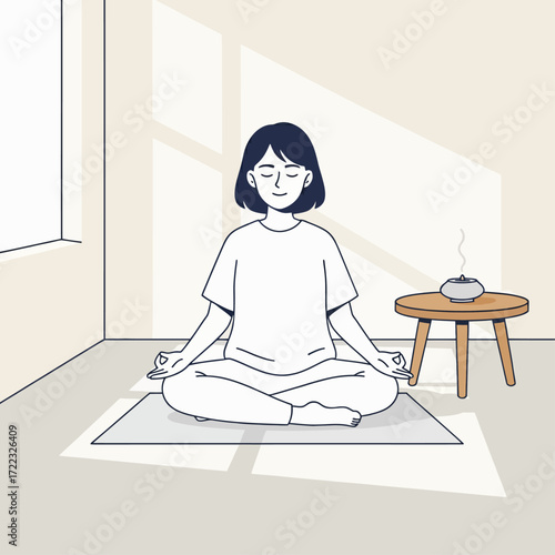 Simple Minimalist Flat Vector Illustration of a person meditating in a quiet room with soft light.