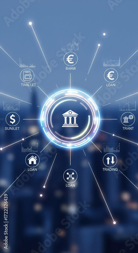 Wallpaper Mural Digital banking interface with futuristic icons, financial technology, loan, trading, wallet, and currency symbols, representing modern online banking and fintech innovation concepts Torontodigital.ca