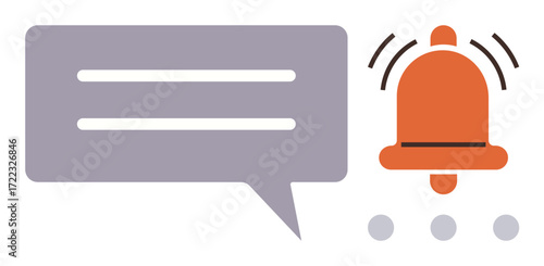 Message bubble with two lines, orange bell with vibration marks, and three dots. Ideal for communication, alarm, updates, message, notification, alert reminder simple flat metaphor