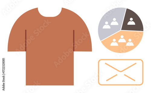 Brown t-shirt alongside a pie chart showing group dynamics and an envelope symbol for communication. Ideal for teamwork, marketing, apparel industry, emails, networking, communication, branding