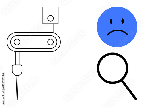 Industrial machine needle with blue sad face and magnifying glass nearby. Ideal for productivity, manufacturing, problem analysis, industrial efficiency, automation, quality inspection, simple flat
