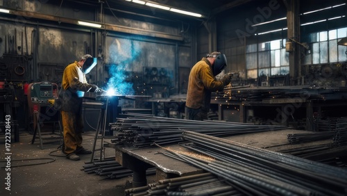 Two welders working in industrial workshop