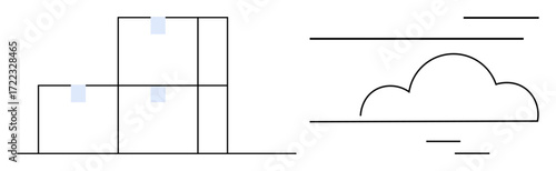 Stacked boxes beside a cloud outline with minimalist line design. Ideal for storage, organization, logistics, delivery, cloud storage, productivity, planning. Simple flat metaphor