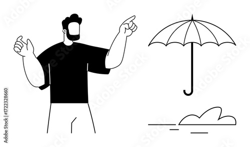 Bearded man pointing at an umbrella above a small cloud, signifying safeguarding, direction, and reliability. Ideal for protection, leadership, weather, guidance, safety insurance simple flat